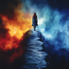Obraz premium Woman walks path between fire, ice, fantasy