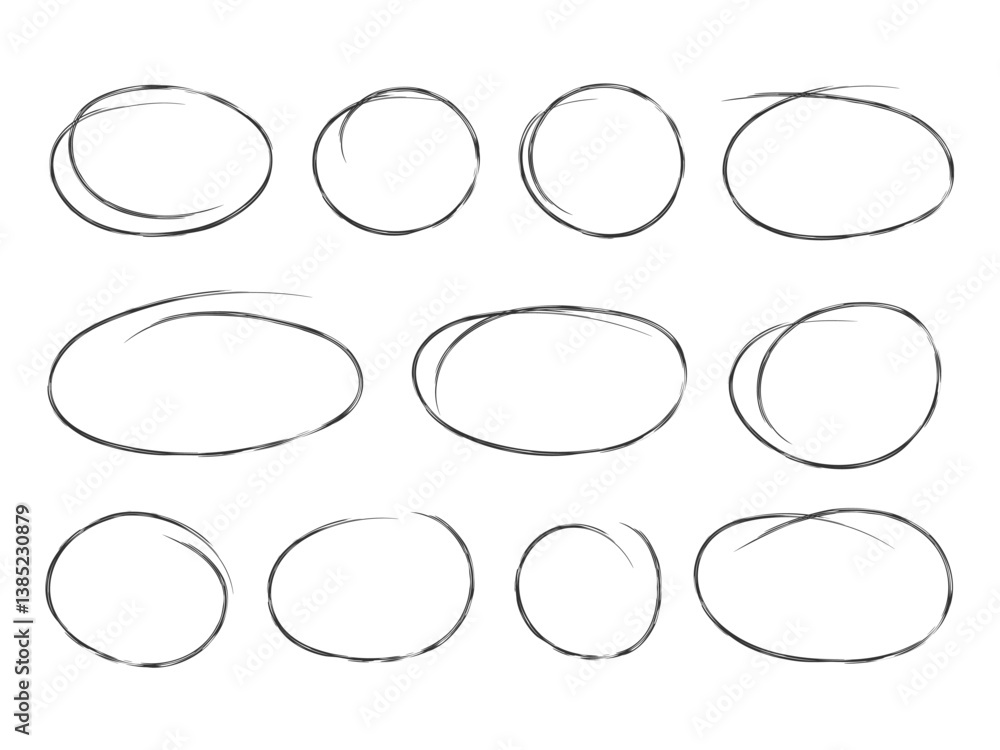 Poster doodle minimalist circle ellipse oval frame set with brush strokes. black line emphasis highlight el