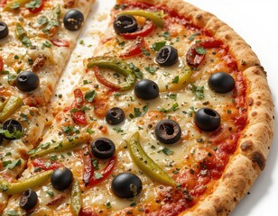 Slice of pizza, white background, overhead view