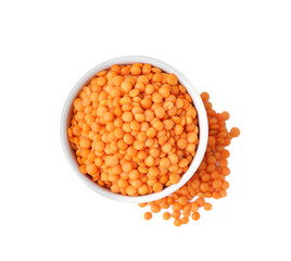 Red lentils in bowl isolated on white, top view