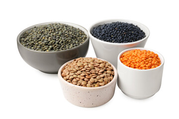 Different types of lentils isolated on white