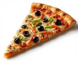 Slice of pizza, white background, overhead view