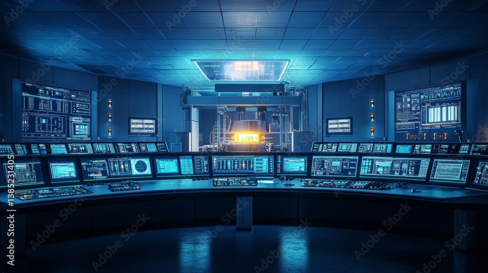 Poster control room innovation advanced technology facility digital displays high-tech environment futurist