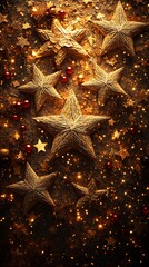 Festive Mobile Wallpaper  Golden Stars and Red Ornaments with Shimmering Lights on Dark Background