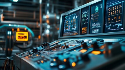 Naklejka premium Industrial control room operations high-tech facility digital displays modern environment close-up view automation insights