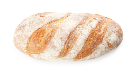 Whole loaf of freshly baked bread isolated on white, top view