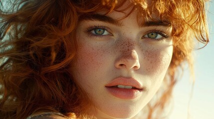 Close-up portrait of a young woman with red curly hair, freckles, and green eyes.