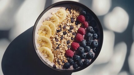 A fresh smoothie bowl with colorful toppings on a wooden tray. Featuring vibrancy and wellness