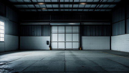 Dimly lit warehouse with a solitary white door