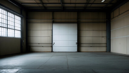 Dimly lit empty warehouse with a white door