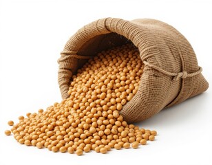 Soybeans in sack isolated on white background.