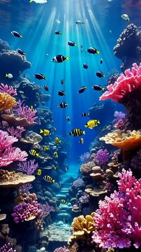 AI generated illustration of colorful fishes with coral reefs in clear blue ocean