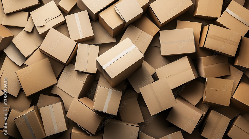 Poster many cardboard boxes stacked in warehouse storage