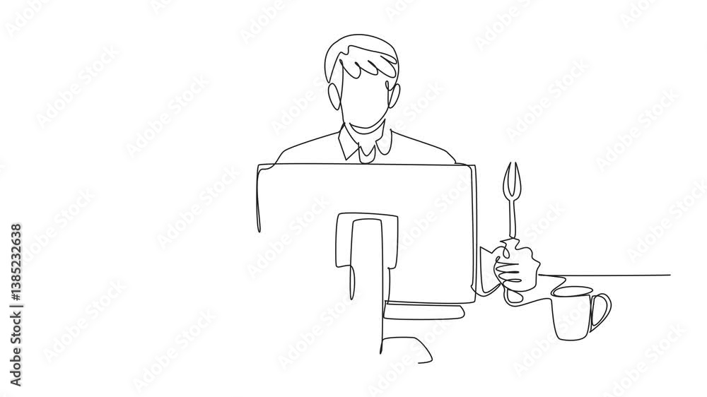 Poster animation of continuous one line drawing businessman holding knife and fork facing monitor. starting