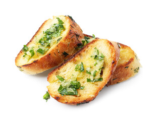 Tasty bread with garlic, herbs and oil isolated on white