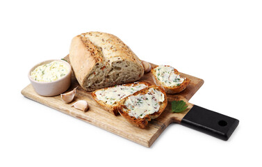 Tasty bread with garlic, herbs and butter isolated on white