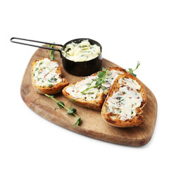 Tasty bread with garlic, herbs and butter isolated on white