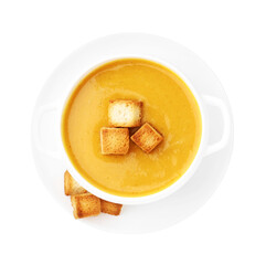 Delicious lentil cream soup with croutons isolated on white, top view