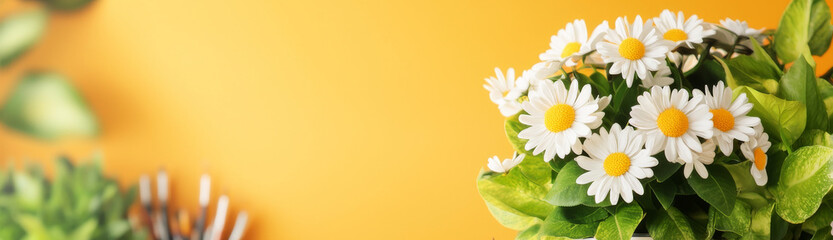 Obraz premium Bright and cheerful daisies in vibrant yellow pot bring sense of joy and freshness to any space. lush green leaves complement white flowers, creating lively atmosphere