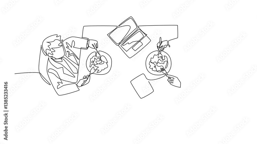 Poster self drawing animation of single continuous line drawing two businessmen are eating at the dining ta