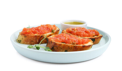 Tasty bread with tomato, microgreens and oil isolated on white