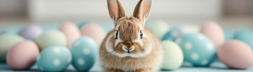 cute rabbit sits among colorful Easter eggs, creating joyful and festive atmosphere. soft fur of rabbit contrasts beautifully with pastel shades of eggs, evoking sense of springtime cheer