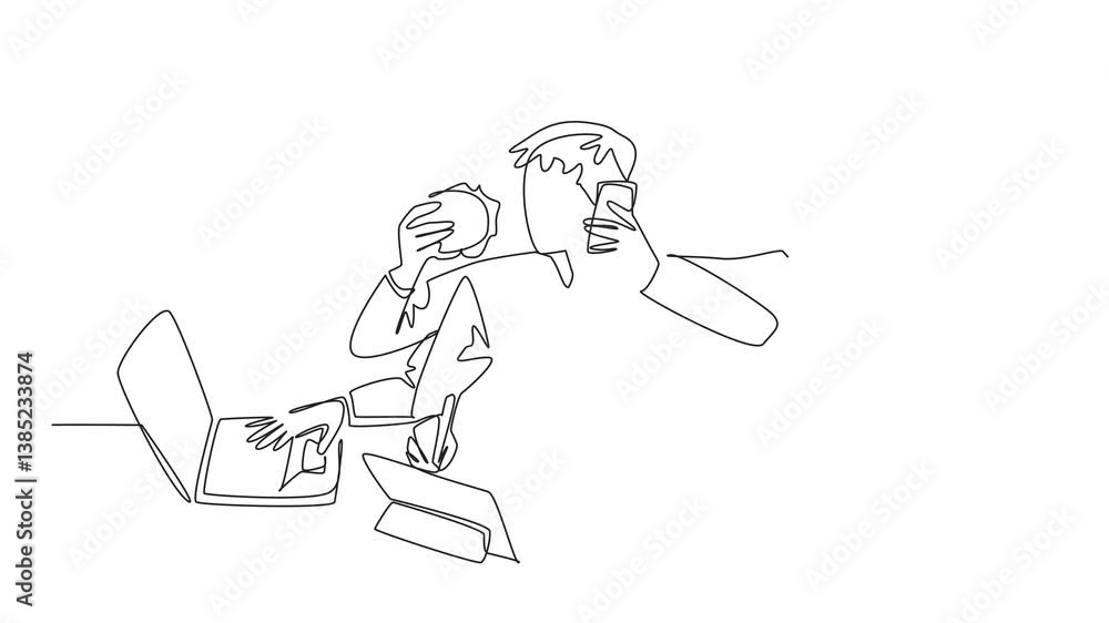 Poster animated self drawing of continuous line drawing businessman with 6 hands. each hand with its own bu