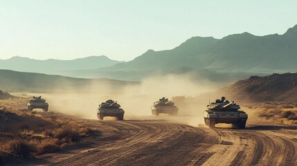 Four Military Tanks Patrolling Through