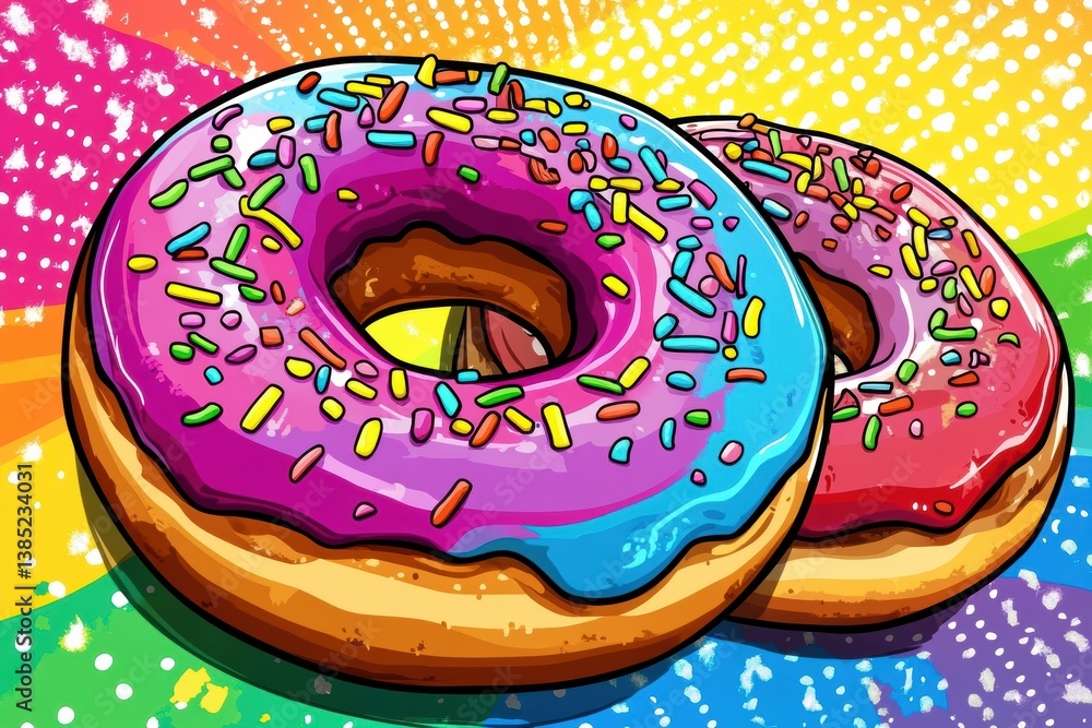 Poster playful cartoon donuts with rainbow frosting and colorful sprinkles create a fun and vibrant atmosph
