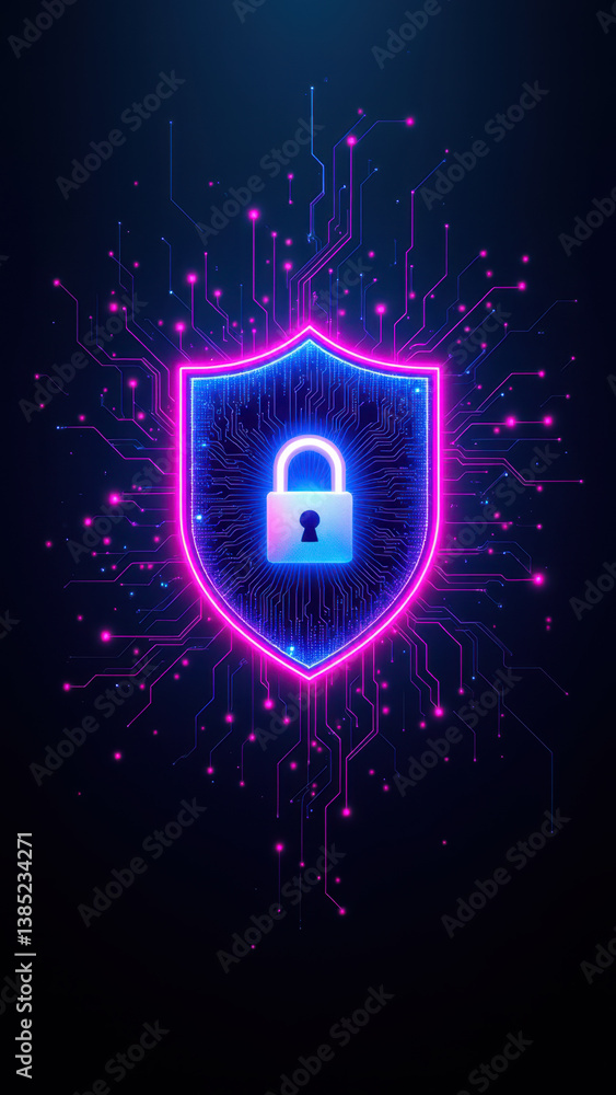 Poster cybersecurity themed graphic with a lock icon surrounded by pink digital circuitry on a dark backgro