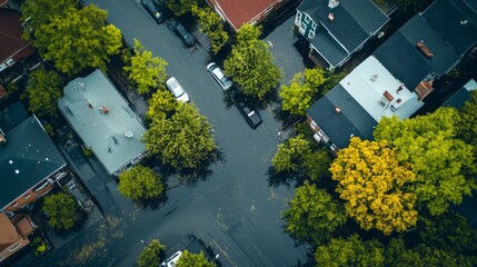 Naklejka premium Aerial view of urban neighborhood cityscape photography lush greenery bird's eye perspective tranquil environment