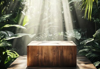 Sunlight Illuminates Wooden Box Surrounded by Lush Greenery