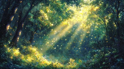 Obraz premium Sunbeams in enchanted forest, magical background, nature scene, fantasy art, wallpaper