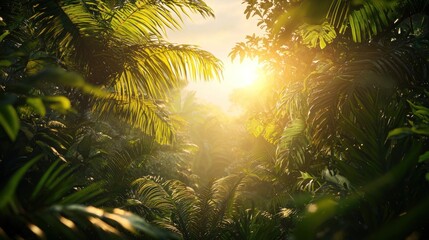Sunlit tropical jungle path at sunrise.
