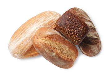 Different types of fresh bread isolated on white, top view