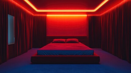 Red lit bedroom interior, modern design, digital rendering, for use in advertisement