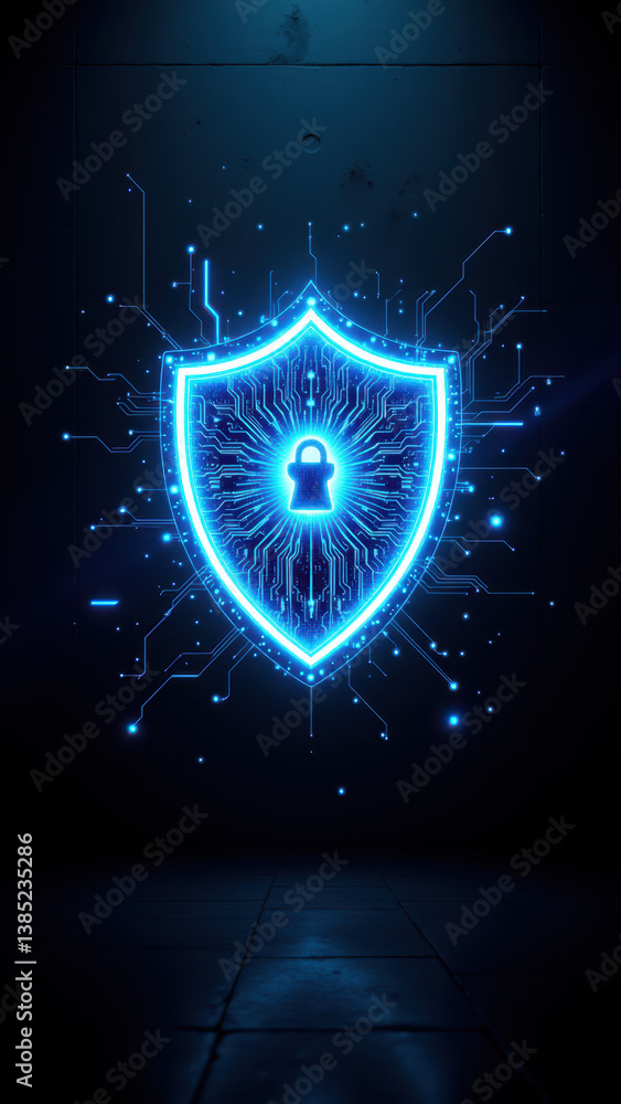 Poster this is a digital artwork featuring an illuminated blue shield with a lock symbol at its core, again