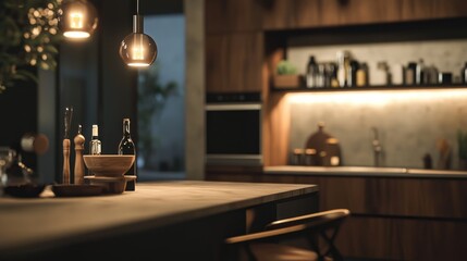 Fototapeta premium Warm Evening Kitchen Ambiance: Rustic Modern Interior Design with Wooden Accents and Soft Lighting