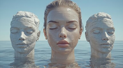 Custom blinds with your photo Surreal Woman's Face with Two Stone Heads in Water
