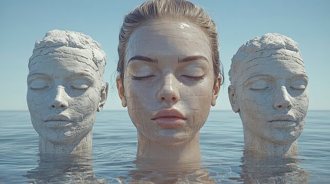Surreal Woman's Face with Two Stone Heads in Water