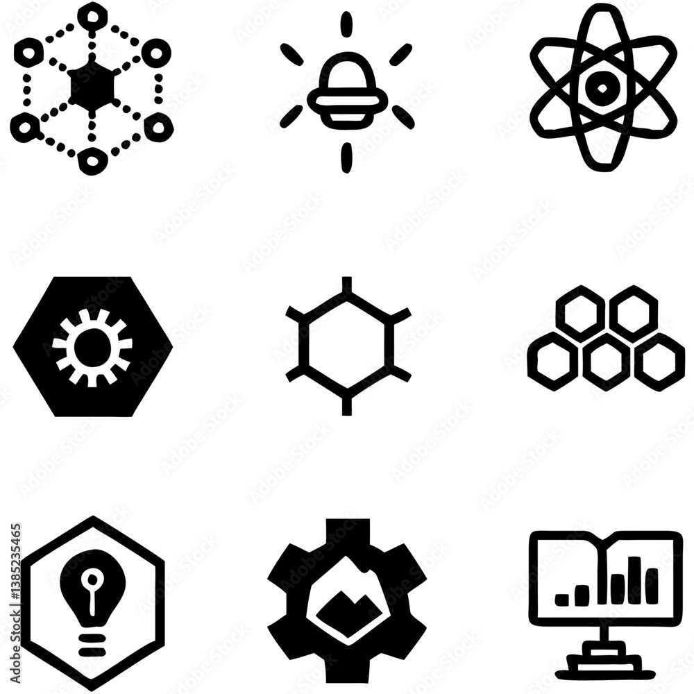Poster a bold collection of interconnected hexagonal and atomic icons symbolizing innovation, technology, a