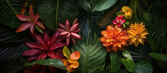 Tropical Flowers & Lush Leaves, Dewy, Dark Background, Banner