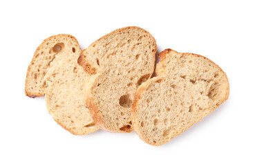 Pieces of fresh bread isolated on white, top view