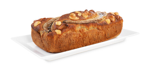 Homemade banana bread with nuts isolated on white