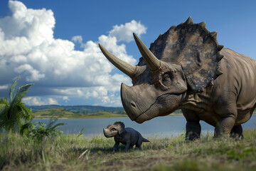 Fototapeta premium Un tricératops et son bébé en bordure d'un lac