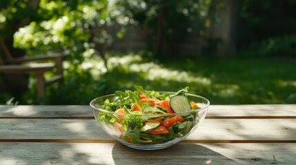 A fresh vegetable salad with cherry tomatoes, cucumbers, and lettuce. Featuring light and healthy eating