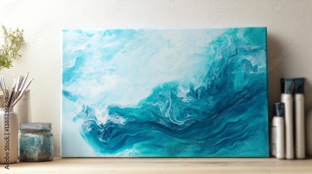 Poster dynamic ocean waves painting art studio canvas creation calm environment creative perspective abstra