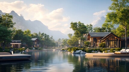 Naklejka premium Mountain lakefront homes sunrise, tranquil resort