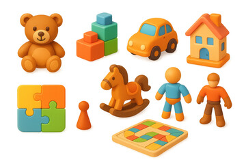 3d children's toys icons: bear, blocks, car, house, puzzle, horse, figures