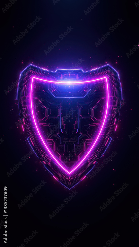 Poster cybersecurity logo with a shield featuring digital graphics on a dark background.